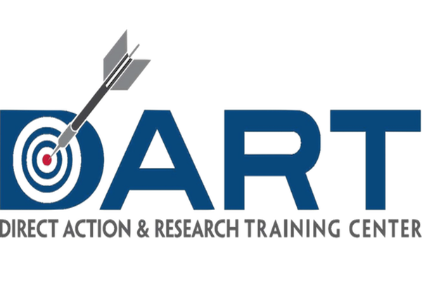 Direct Action & Research Training Center Logo "DART". With a target and arrow in the middle of the "D".