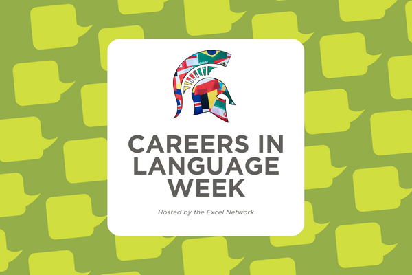 Picture of Spartan head with flags in the outline sits above the text "Careers in Language Week" over a green background with light green speech bubbles