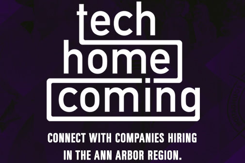 Text "tech home coming" with a spiraling line connecting the "t" and the "g". Text underneath, "connect with companies hiring in the Ann Arbor region"