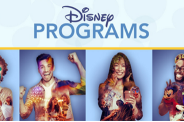 "Disney Programs" title in blue at the top third of the image; there are pictures of individuals in rectangle frames in the bottom half of the image.