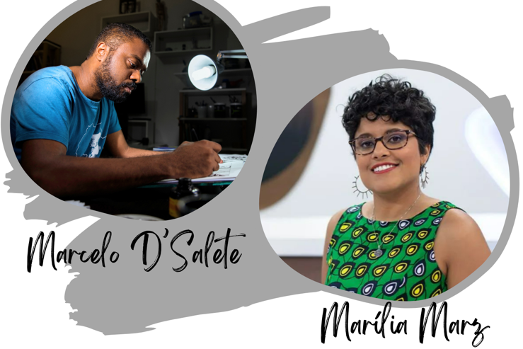 top left: man in blue shirt looking fown as he writes; bottom right: woman in glasses and green dress smiling at camera