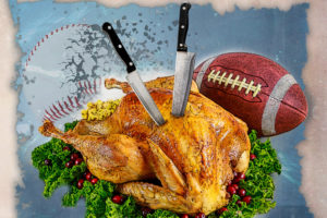 Thanksgiving Turkey with carving knives stuck in it, American football, baseball