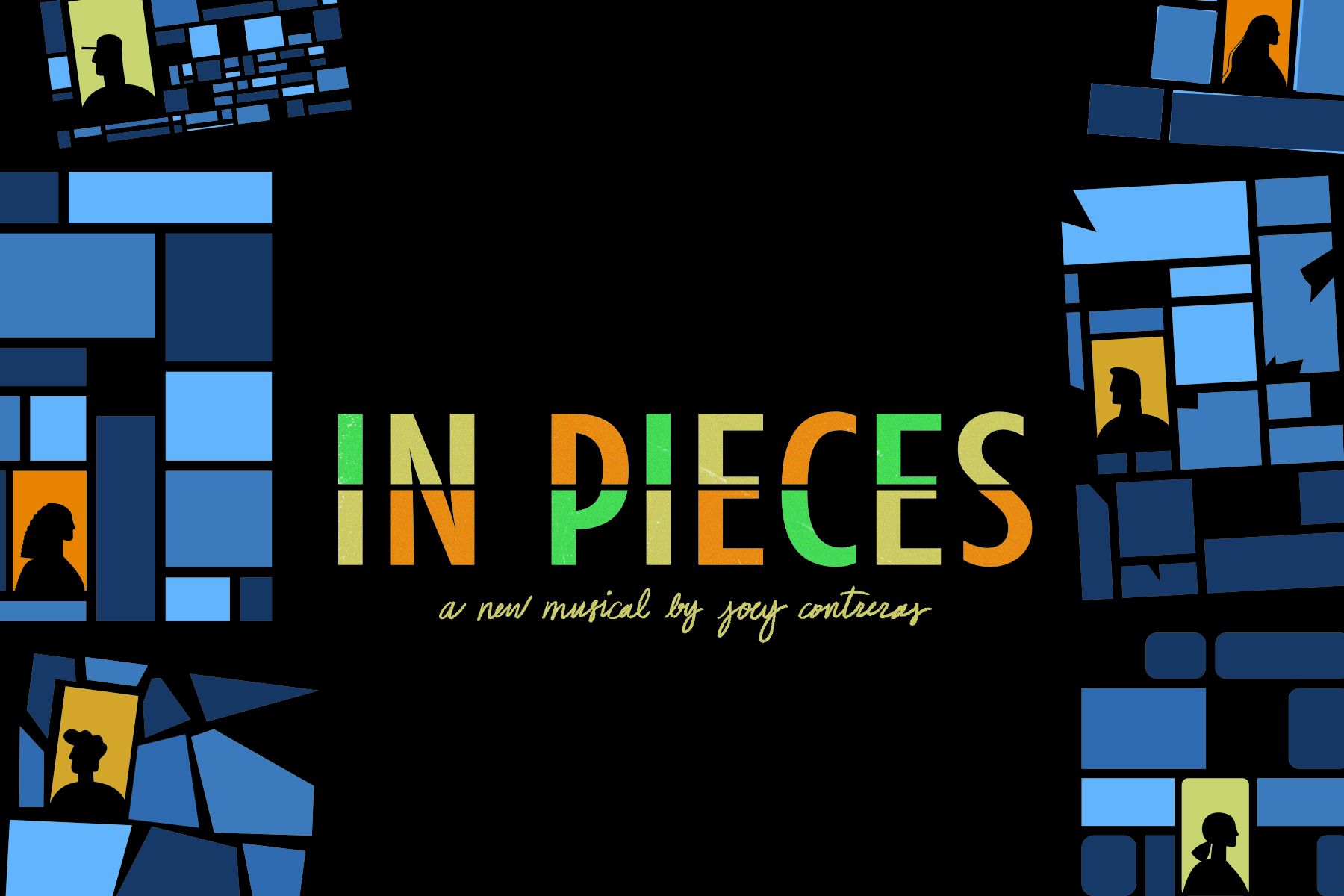 In Pieces, a New Musical by Joey Contreras, blue blocks with silhouettes of people in windows