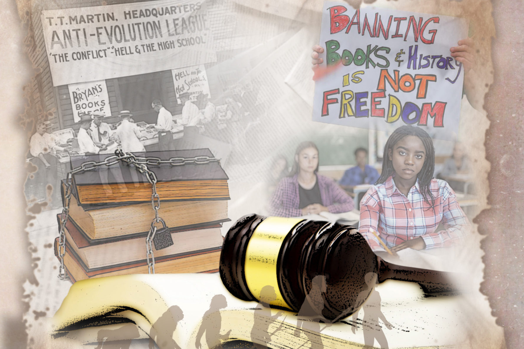 Sign stating "Banning Books & History is not Freedom", pile of books, human evolution silhouette, court room gavel