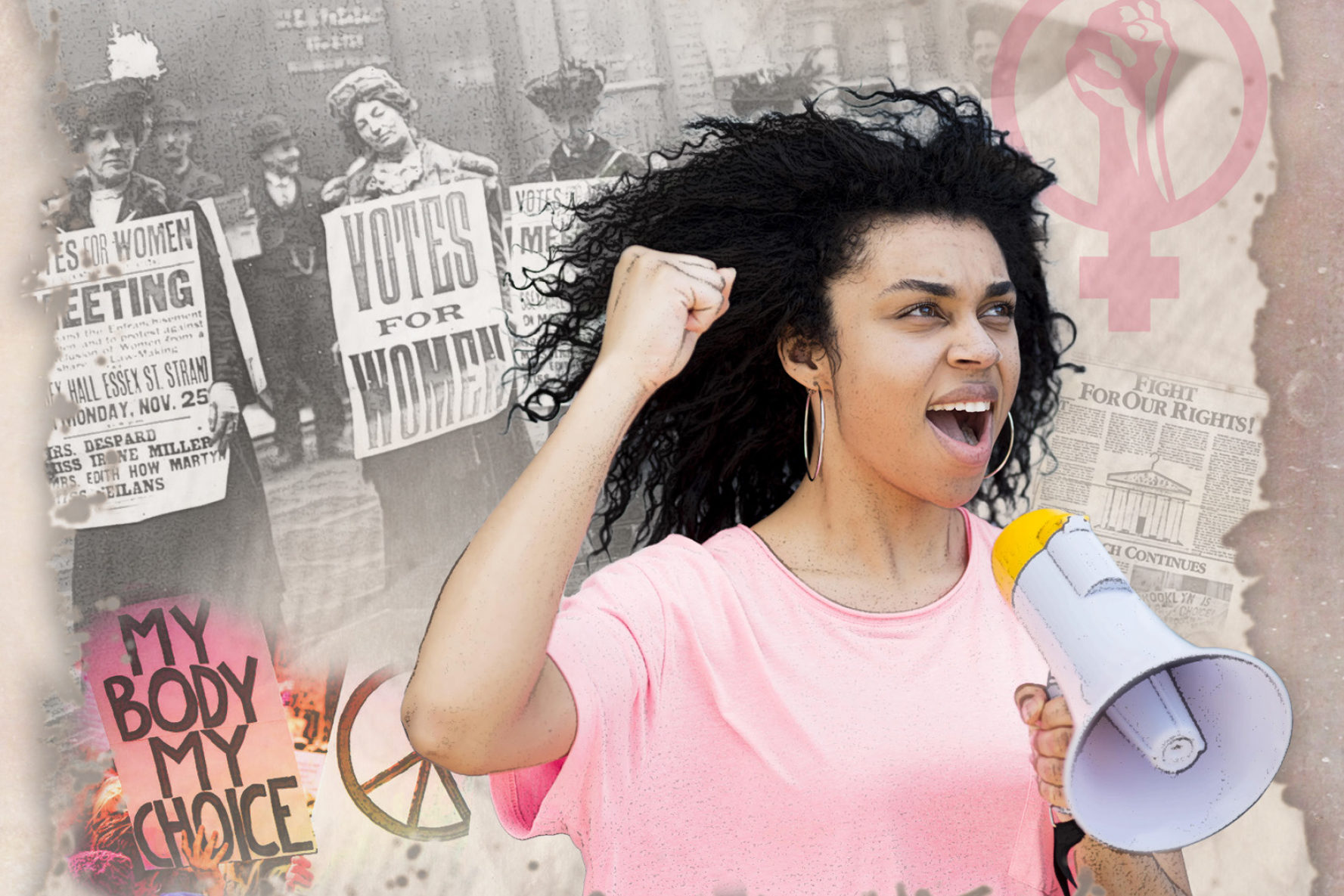 Woman shouting through a megaphone in protest of women's rights