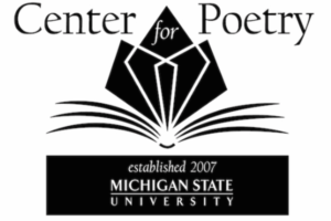 Center for Poetry logo. Illustration of pages from a book and geometric shapes in the middle of the book.