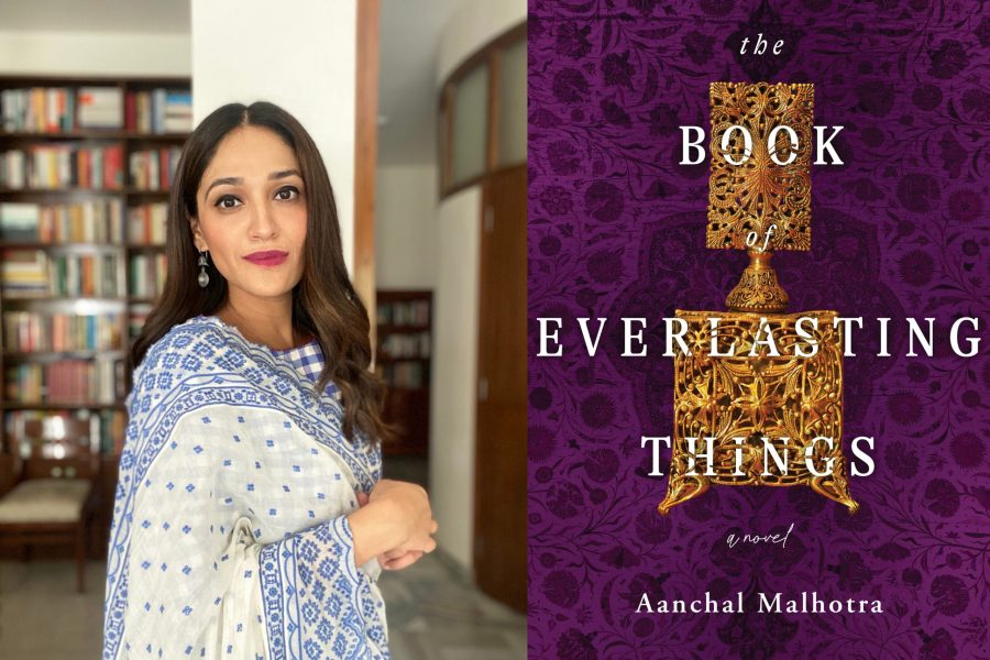 Composite photo of Aanchal Malhortra on the left and Malhortra's book "The Book Everlasting Things" on the right.