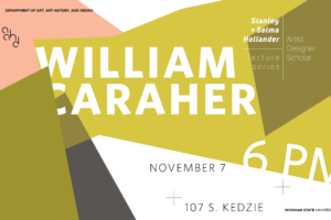 Yellow and green geometric shapes with the white text, "William Caraher 6pm."