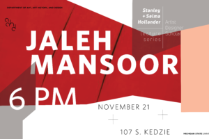 Red and gray geometric shapes with white text that reads, "Jaleh Mansoor 6pm."