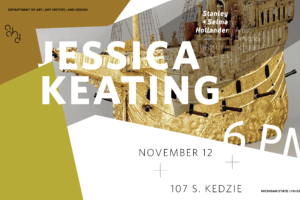 Yellow and gray geometric designs with white text that reads, "Jessica Keating 6pm."