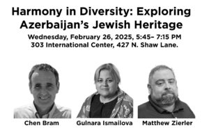 Black text that reads, "Harmony in Diversity: Exploring Azerbaijan's Jewish Heritage." Below the text are black and gray portraits of three individuals.