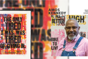 A collage. To the right, an individual wearing denim overalls and a pink button up shirt. to the right is a print of red, orange, and black letters. The black letters make up the words, "The only tired I was, was tired of giving in."