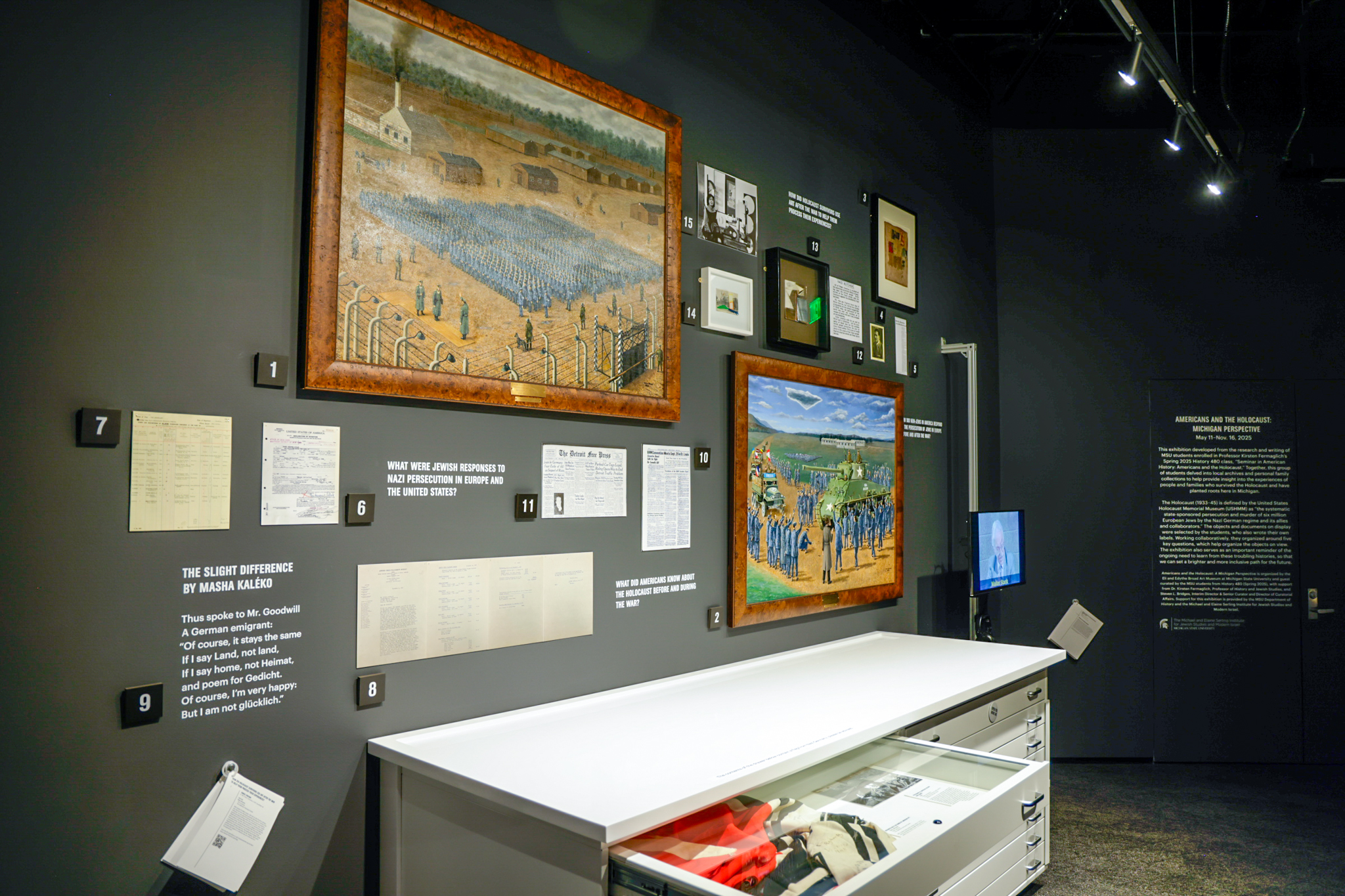 Americans and the Holocaust: A Michigan Perspective installation view at the Eli and Edythe Broad Art Museum at Michigan State University, 2025. Photo: Chloe Kirchmeier/MSU Broad Art Museum