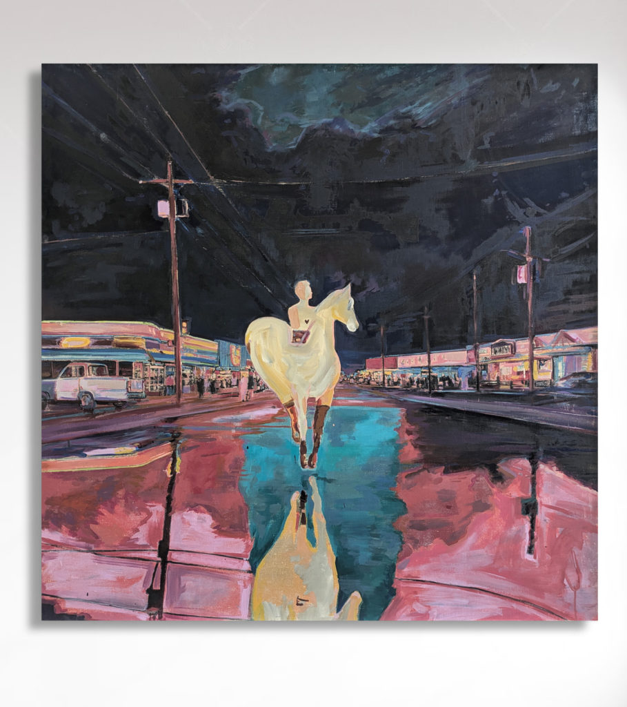 Painting depicting a luminous figure on horseback traveling down a wet street at night. Neon lights from storefronts reflect on the slick pavement in pink, blue, and yellow tones beneath a dark, clouded sky.
