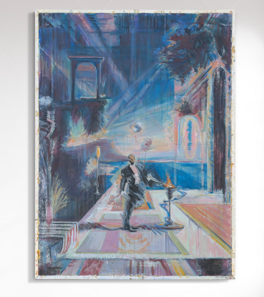 Painting showing a man in a suit standing on a vividly colored terrace overlooking the sea. Rays of blue and pink light stream across the scene, illuminating architectural arches, plants, and a torch-like flame in the foreground.