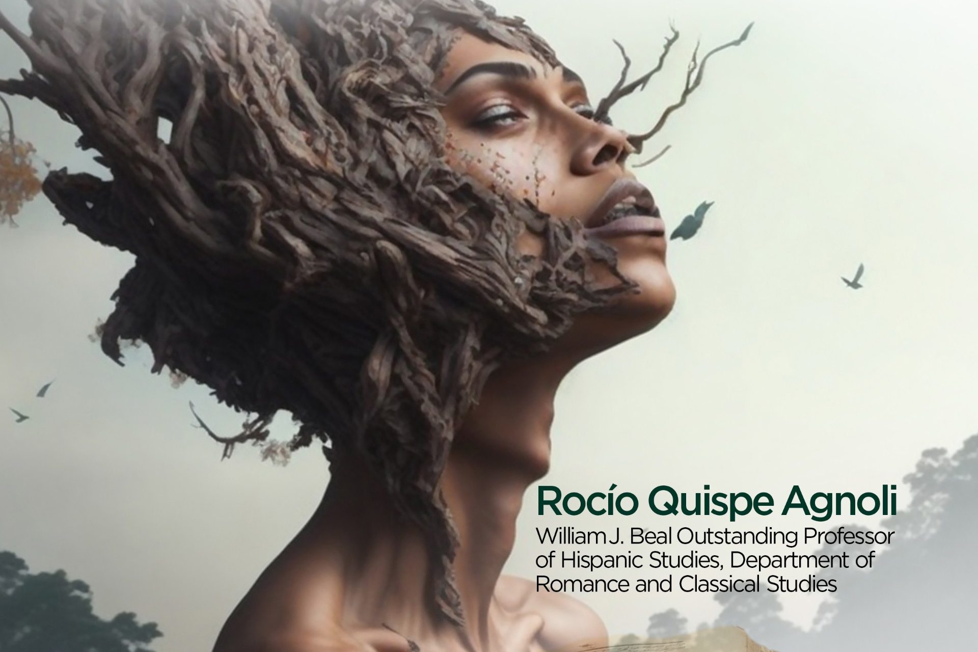 A stylized, surreal portrait of a woman of color in profile facing upward, her expression calm and contemplative. Her hair blends into twisting tree roots and branches, merging her form with nature. Small birds fly in the background against a soft, muted sky, suggesting openness and movement. The overall composition evokes a connection between knowledge, nature, and identity, with an artistic, dreamlike quality.