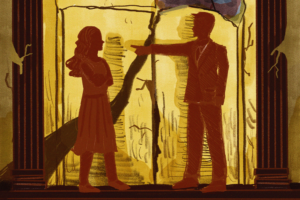 Theatre poster showing silhouettes of a girl and a pointing man framed by ancient Greek columns and cracked stone.