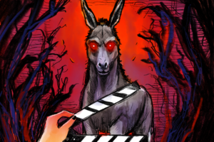 Theatre poster featuring a dark illustration of a red-eyed donkey in a forest behind a clapperboard.